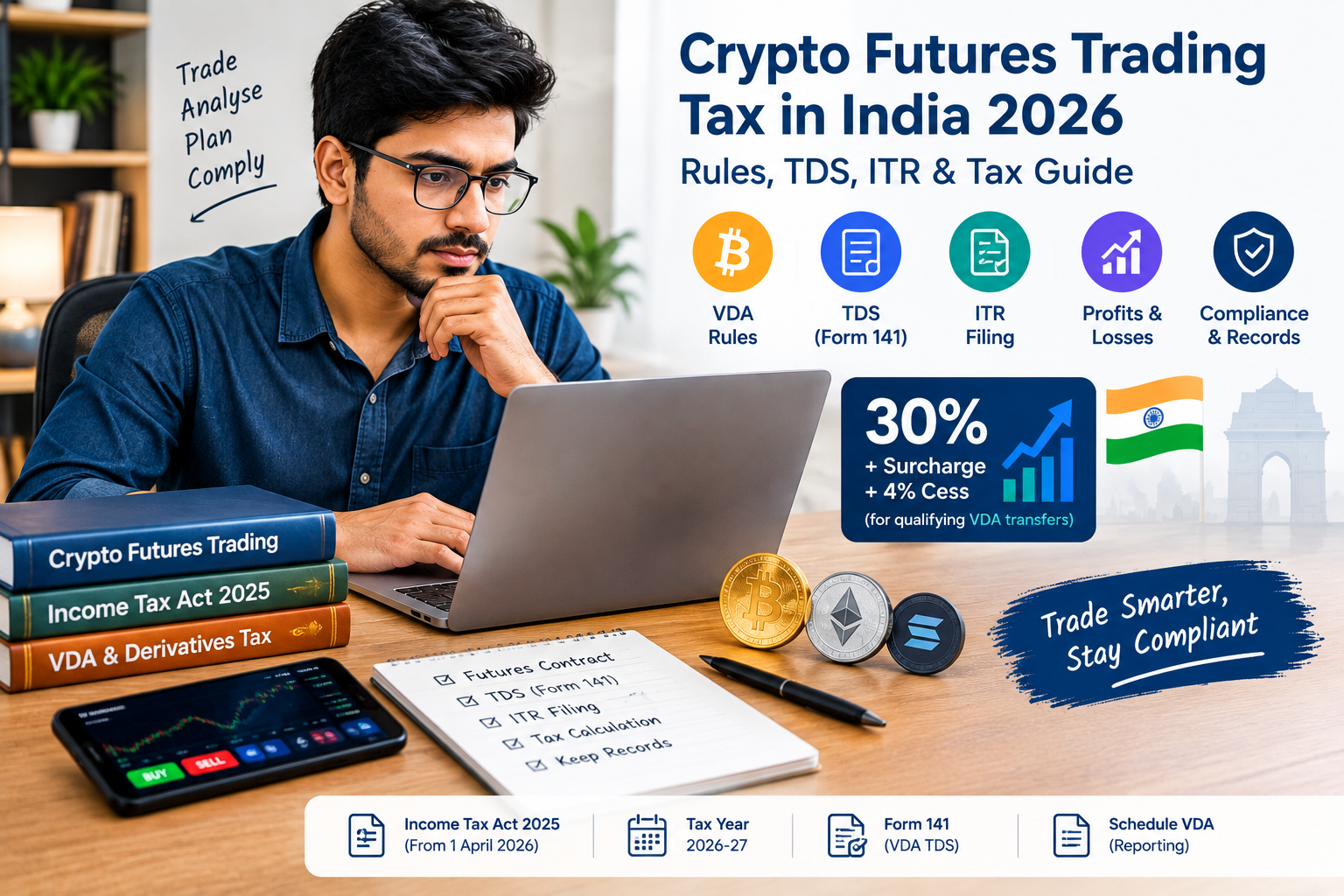 Crypto futures trading tax in India 2026 guide showing an Indian trader, cryptocurrency symbols, VDA rules, TDS Form 141, ITR filing, profits and losses, 30% tax on qualifying VDA transfers, and tax compliance.